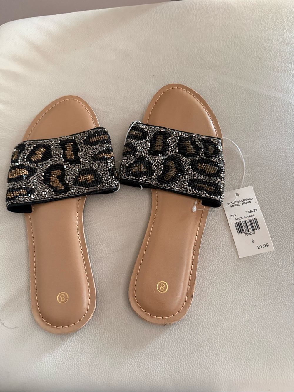 Beaded Leopard Slide Sandals - Black/Tan